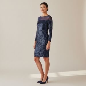 NWT R & M Richards Sequin Long Sleeve Knee-Length Evening Dress Navy Blue 20w